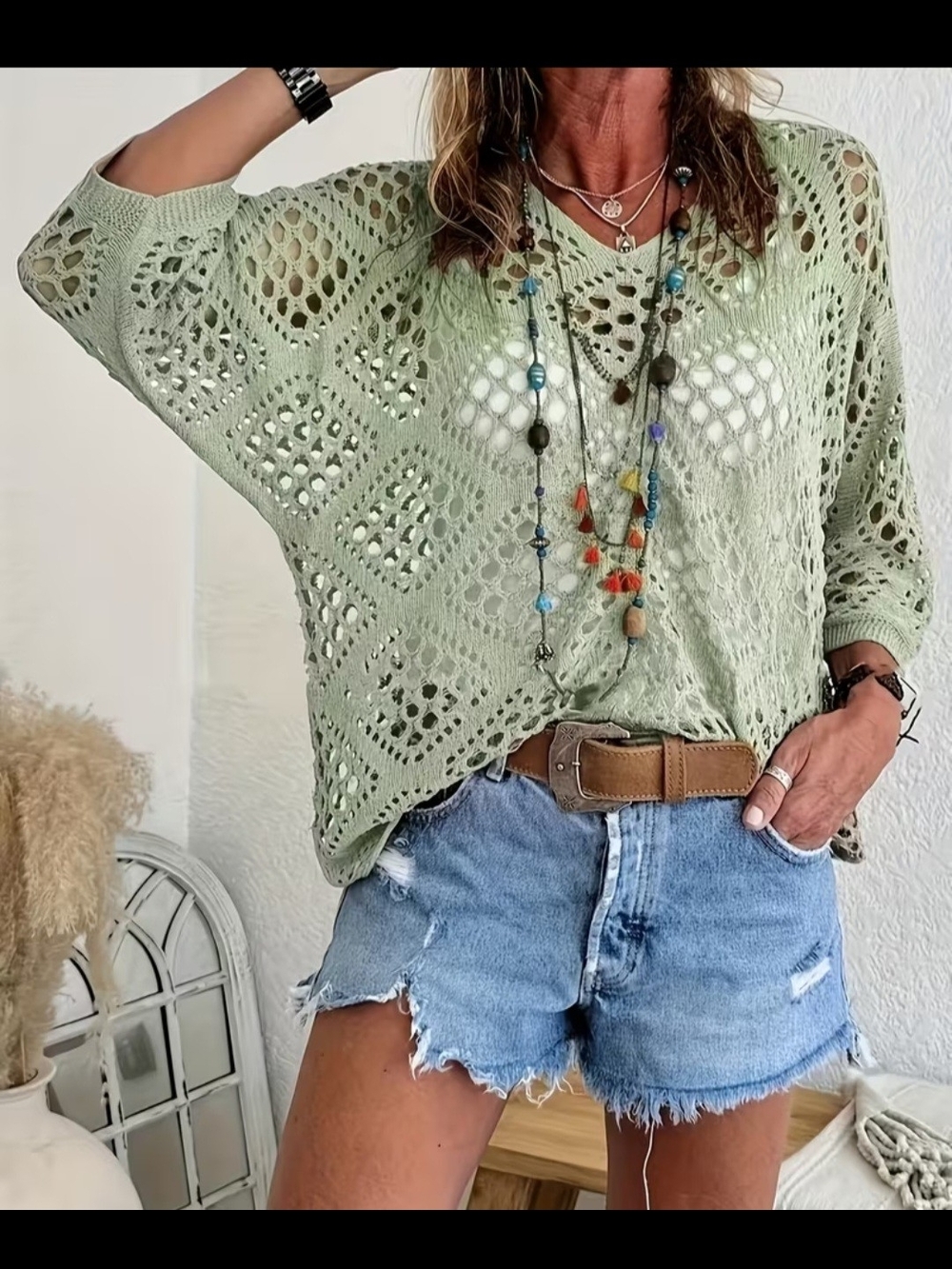 Light Sage Crochet Knit Pullover Top, Sz Lg